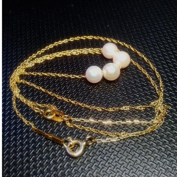 Solid 14K Yellow Gold Four Natural Round White Pearls Necklace 16"-19" - Picture 9 of 11